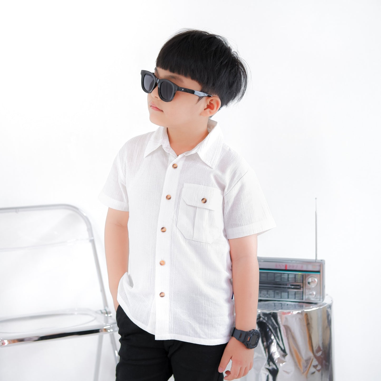 KEMEJA PENDEK ANAK LINEN CRINKLE KLK02 PUTIH