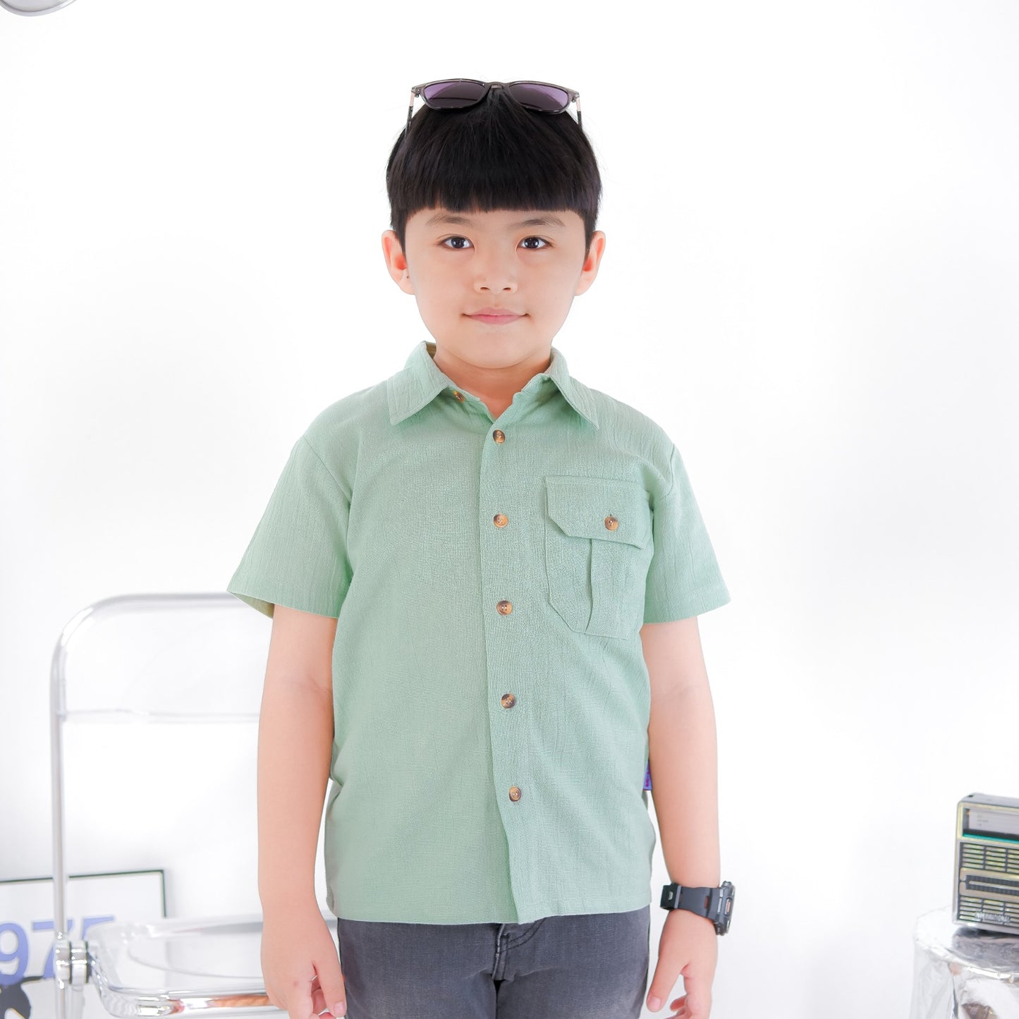 KEMEJA PENDEK ANAK LINEN CRINKLE KLK01 SAGE