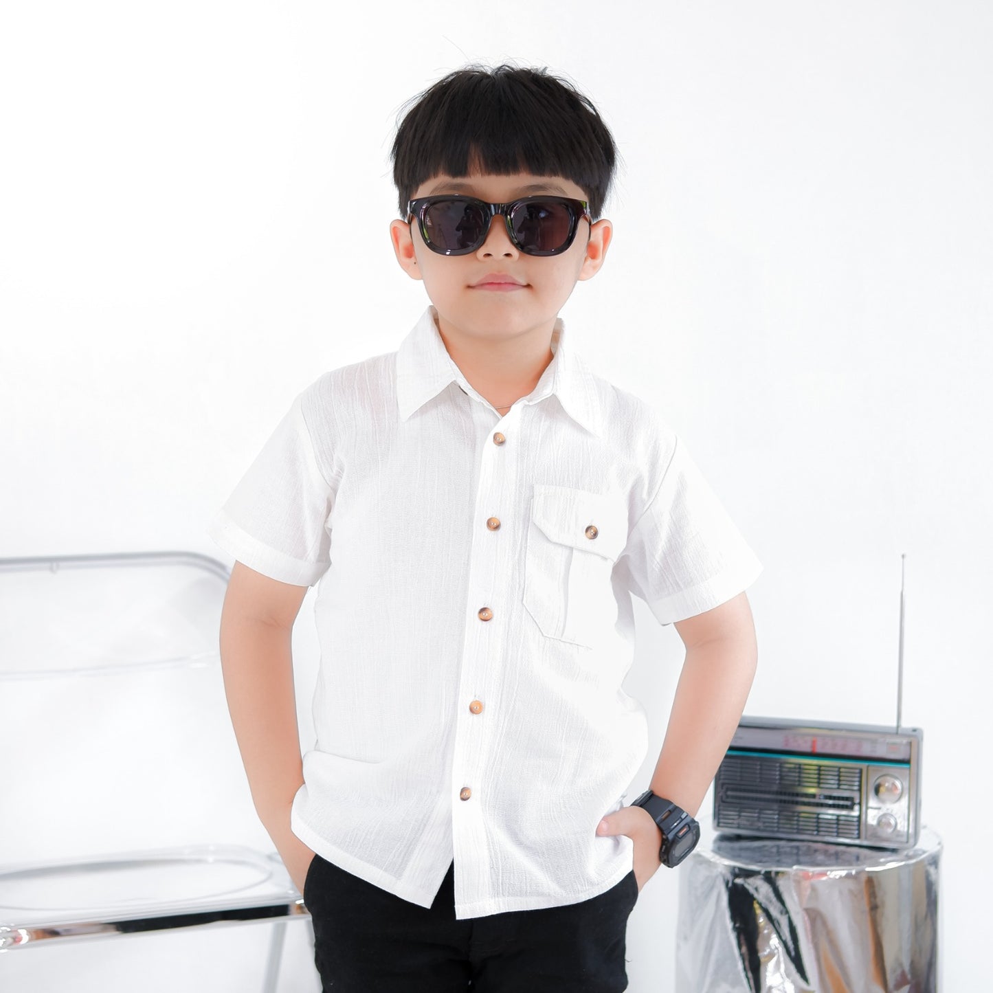 KEMEJA PENDEK ANAK LINEN CRINKLE KLK02 PUTIH