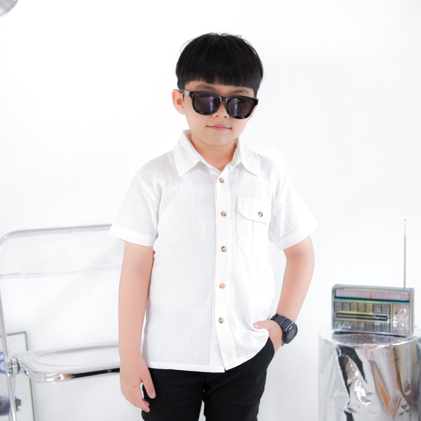 KEMEJA PENDEK ANAK LINEN CRINKLE KLK02 PUTIH