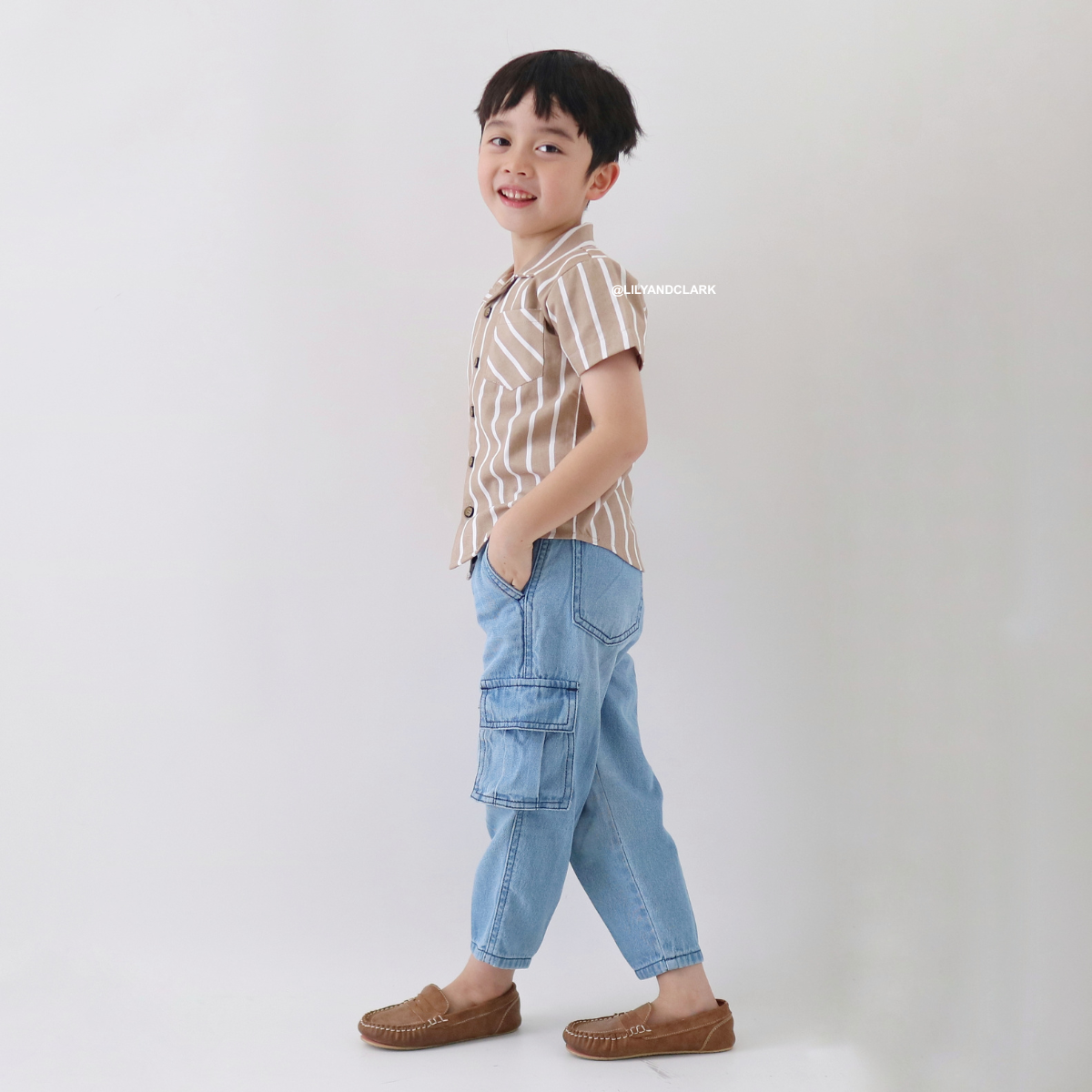 Lily And Clark Kemeja Pendek Anak Salur Warna Khaki - KP19-KHAKI