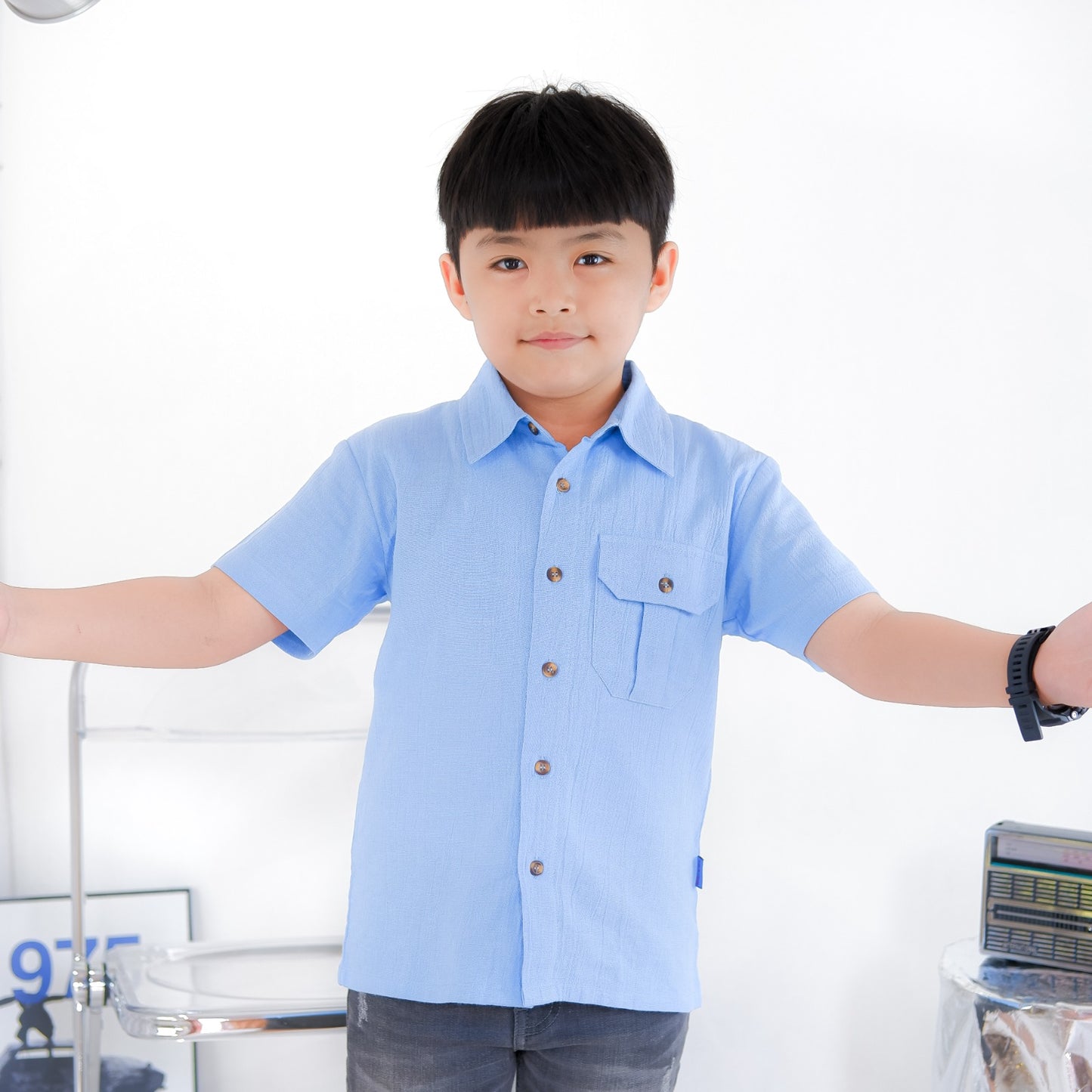 KEMEJA PENDEK ANAK LINEN CRINKLE KLK03 BIRU LANGIT