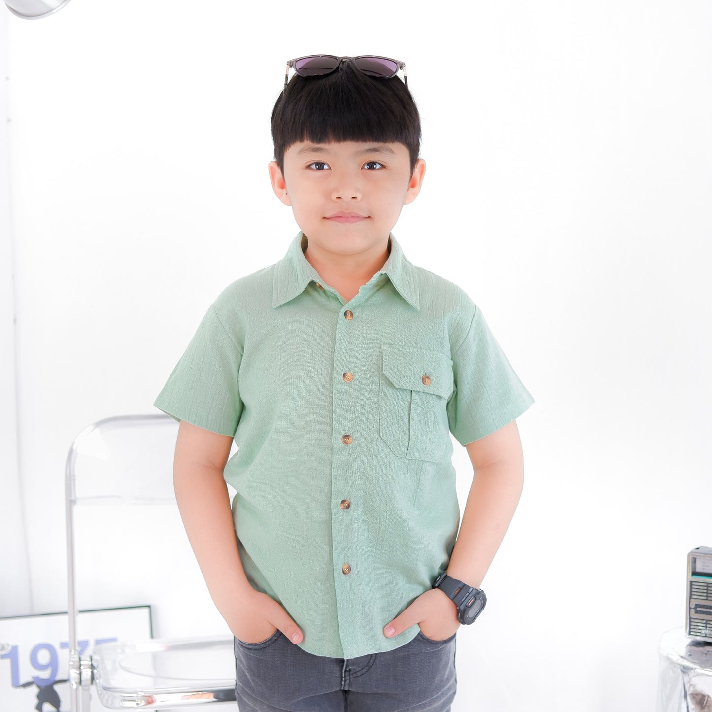 KEMEJA PENDEK ANAK LINEN CRINKLE KLK01 SAGE