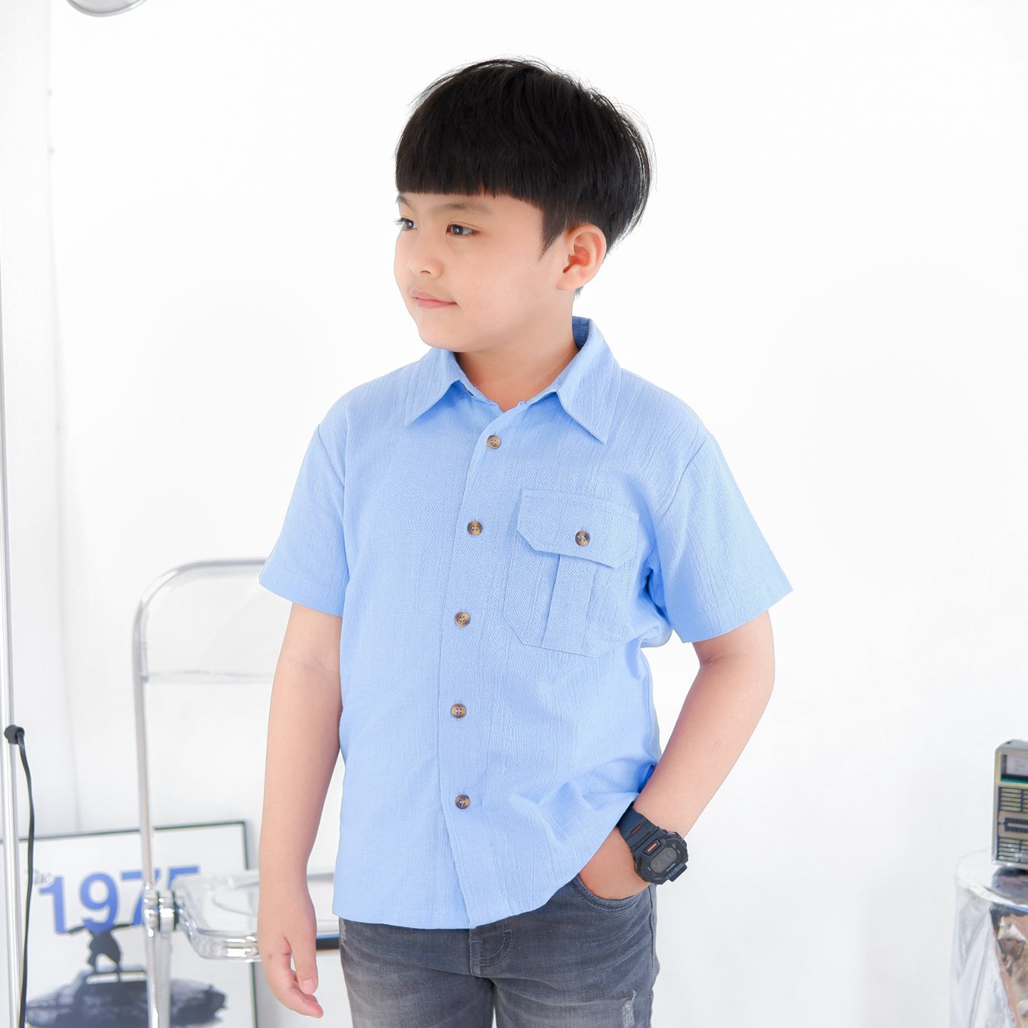 KEMEJA PENDEK ANAK LINEN CRINKLE KLK03 BIRU LANGIT