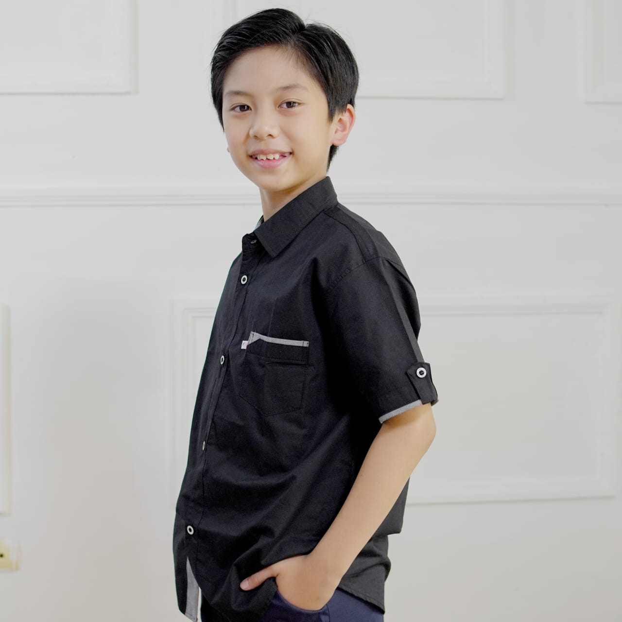 KEMEJA KERAH PENDEK ANAK KR01 HITAM