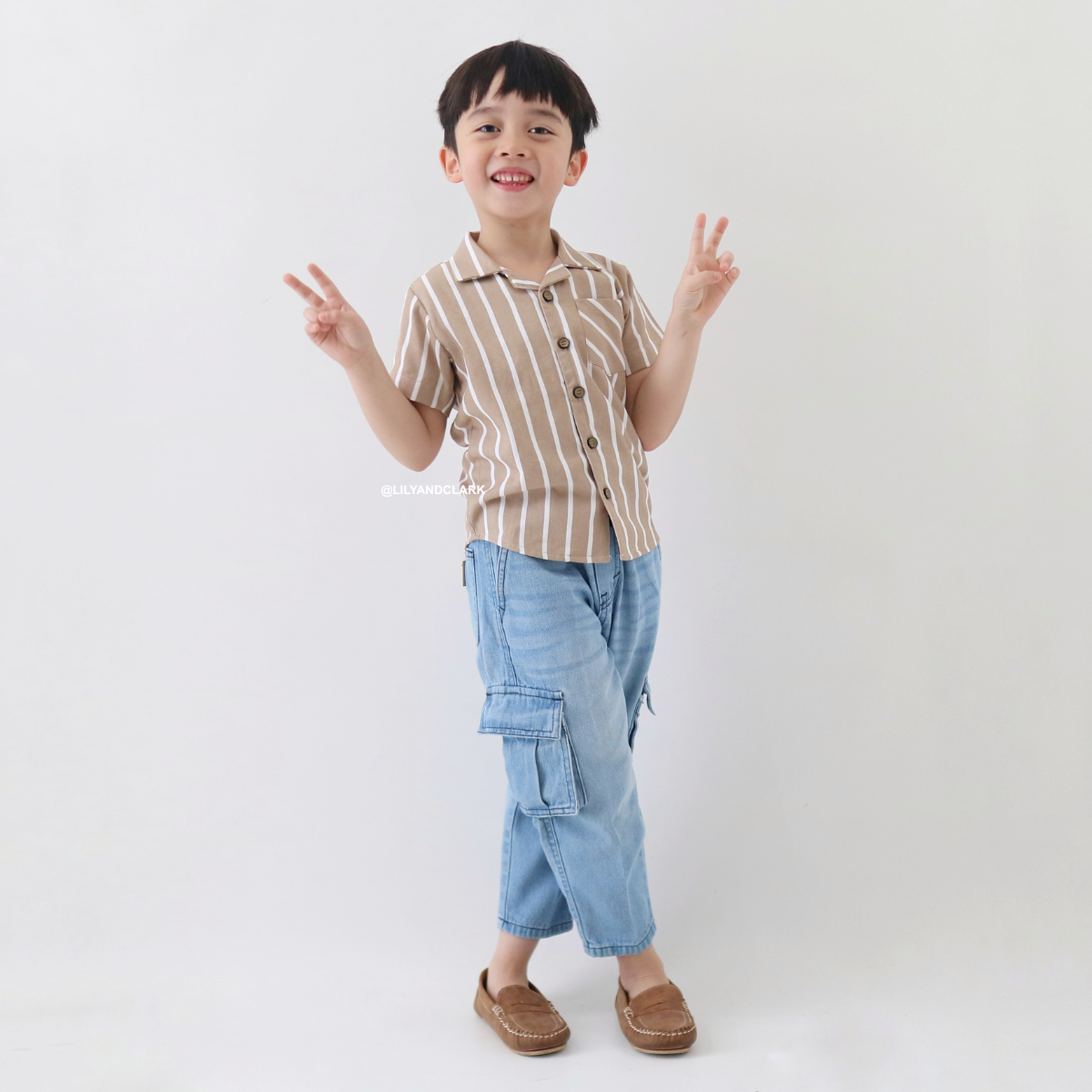Lily And Clark Kemeja Pendek Anak Salur Warna Khaki - KP19-KHAKI