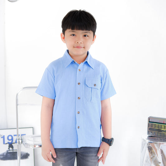 KEMEJA PENDEK ANAK LINEN CRINKLE KLK03 BIRU LANGIT