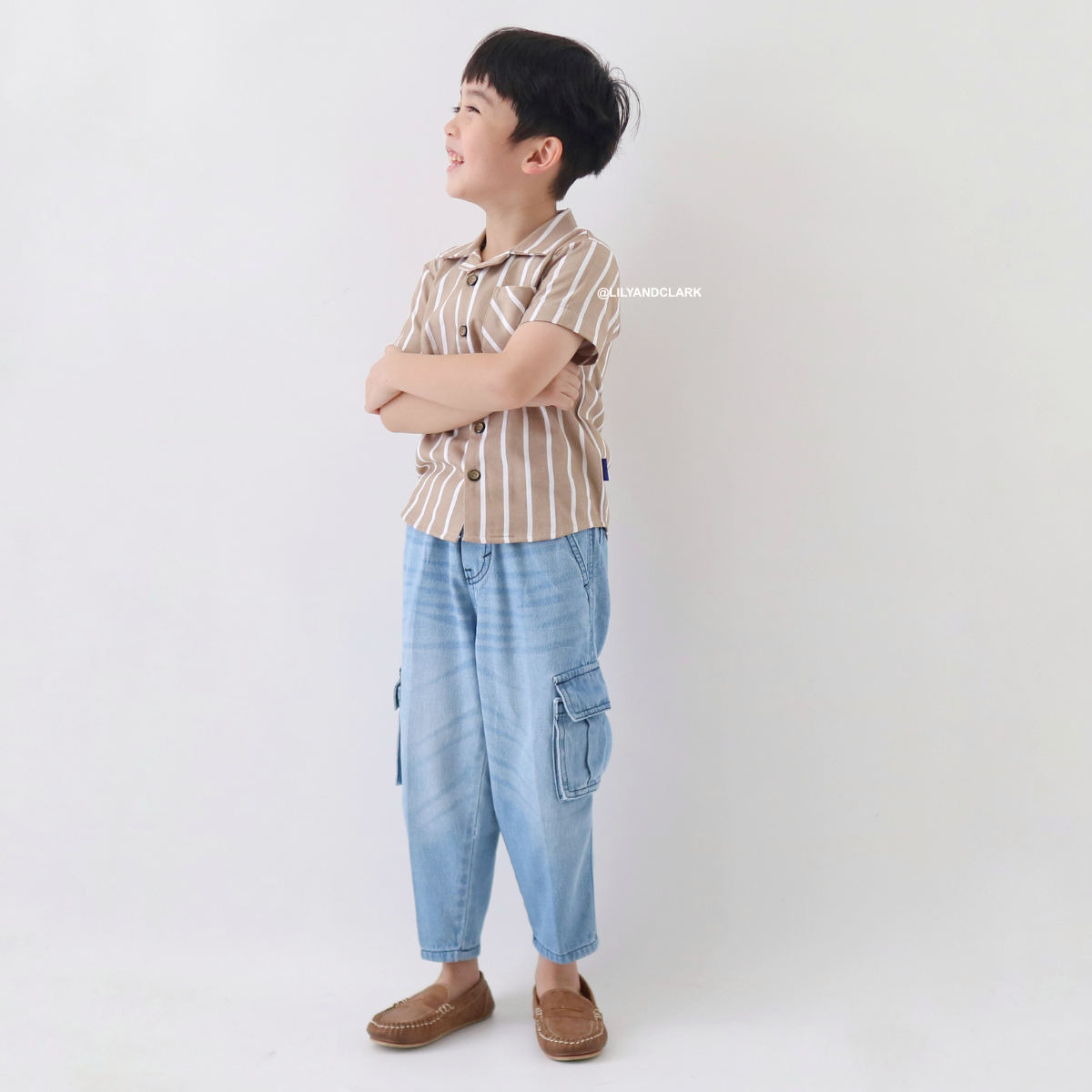 Lily And Clark Kemeja Pendek Anak Salur Warna Khaki - KP19-KHAKI