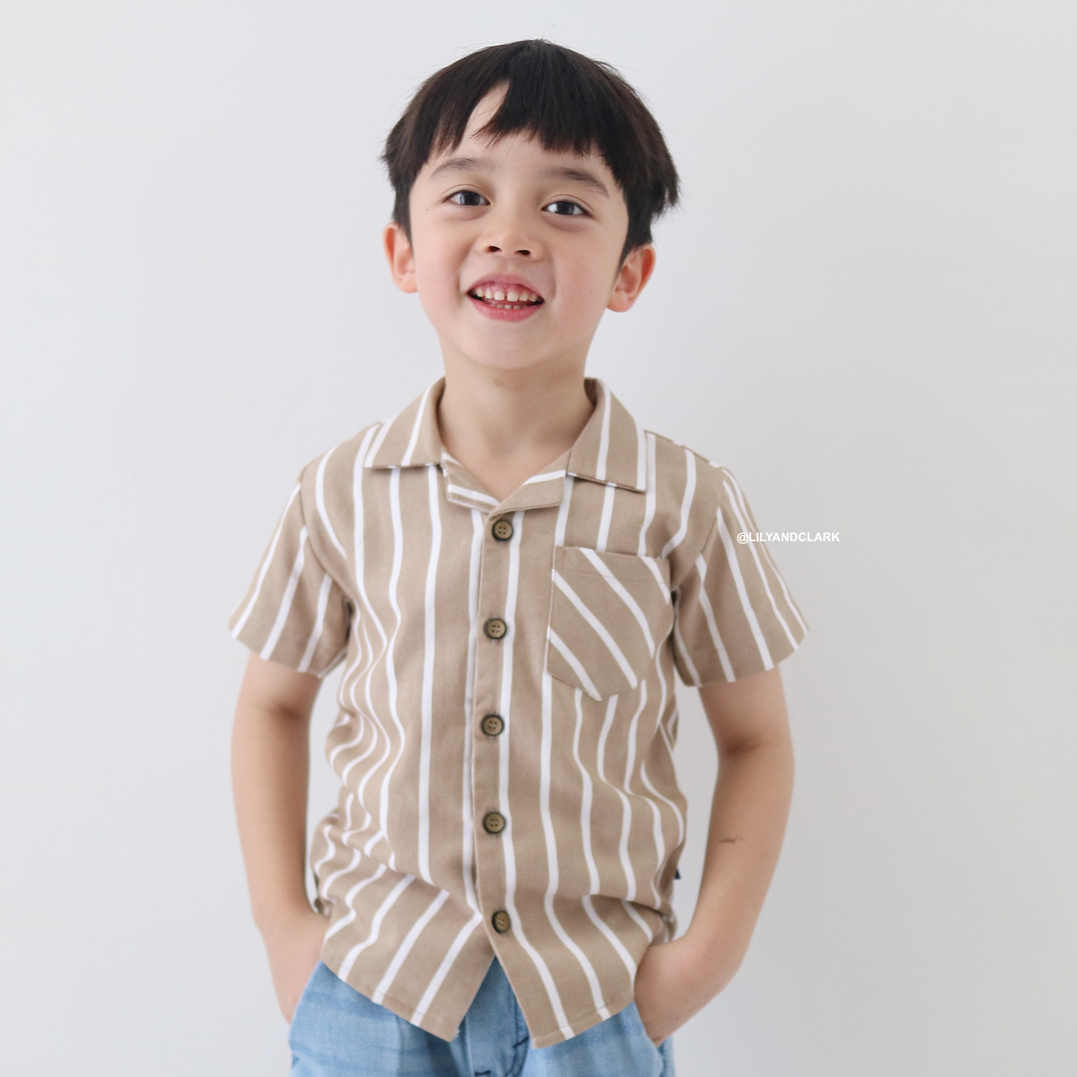 Lily And Clark Kemeja Pendek Anak Salur Warna Khaki - KP19-KHAKI