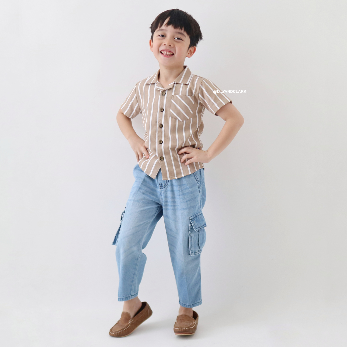 Lily And Clark Kemeja Pendek Anak Salur Warna Khaki - KP19-KHAKI