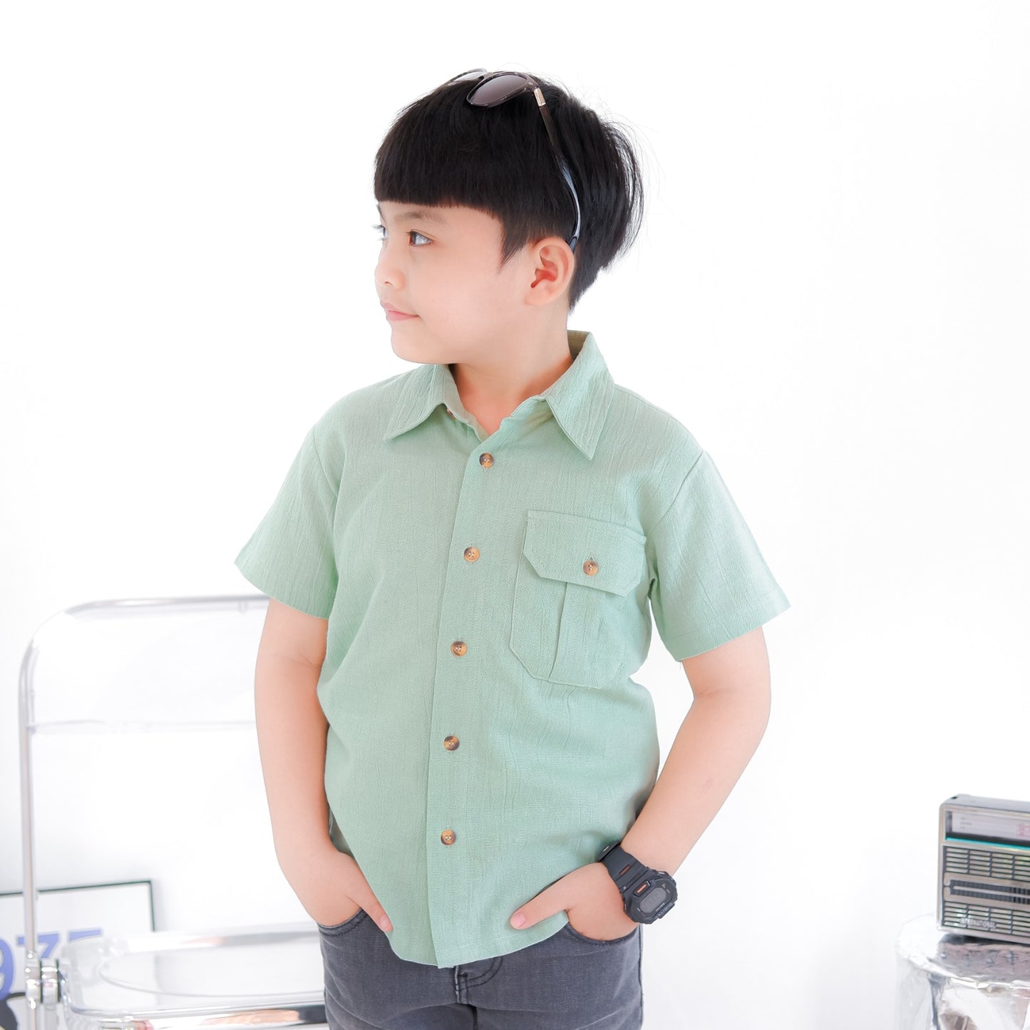 KEMEJA PENDEK ANAK LINEN CRINKLE KLK01 SAGE